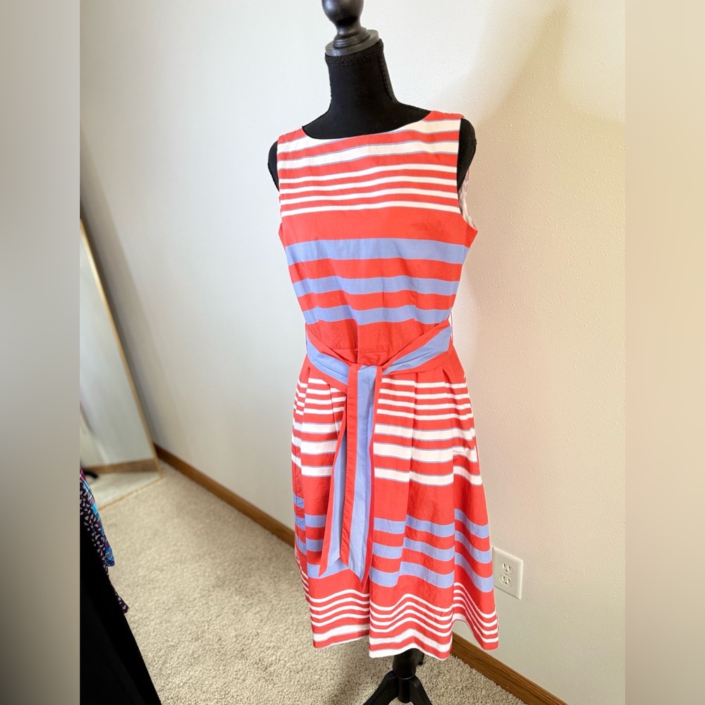 L.L.Bean Striped Fit & Flare Midi Dress Cotton Coral Blue Women’s 8